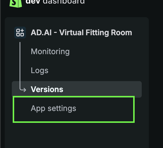 App settings in the Dev Dashboard sidebar