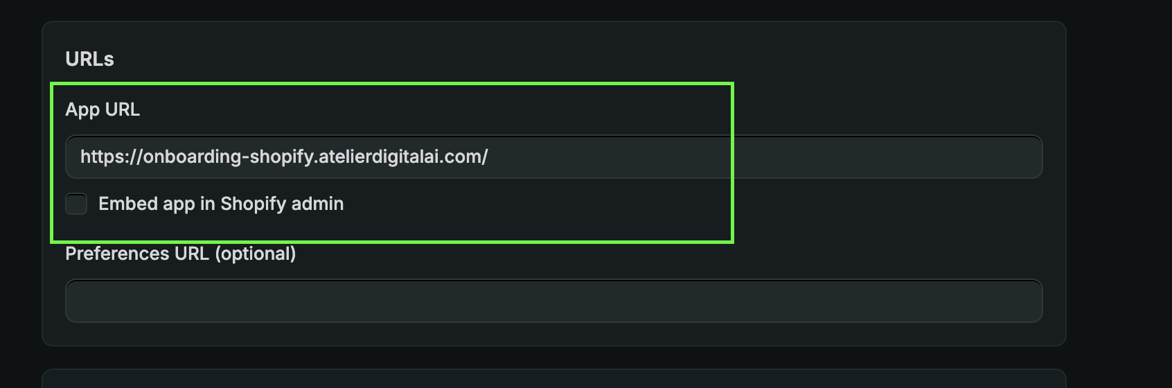 App URL and the embed option