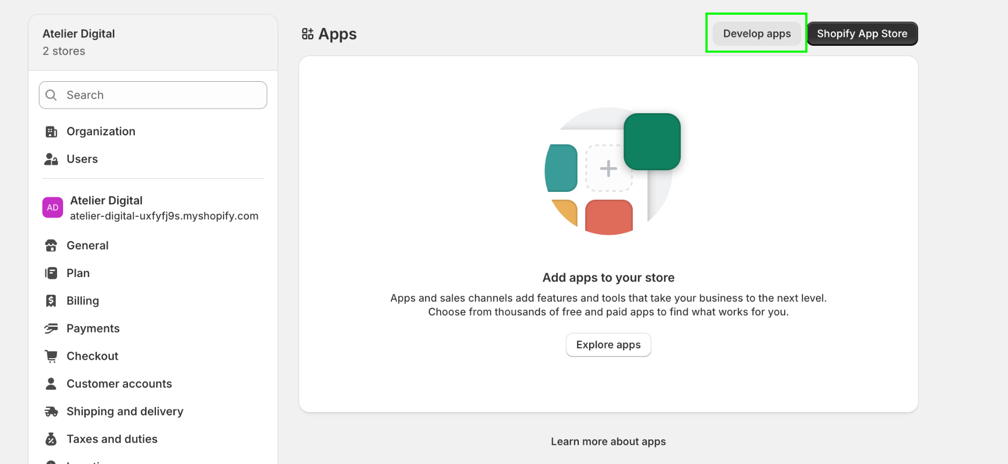 Develop apps button